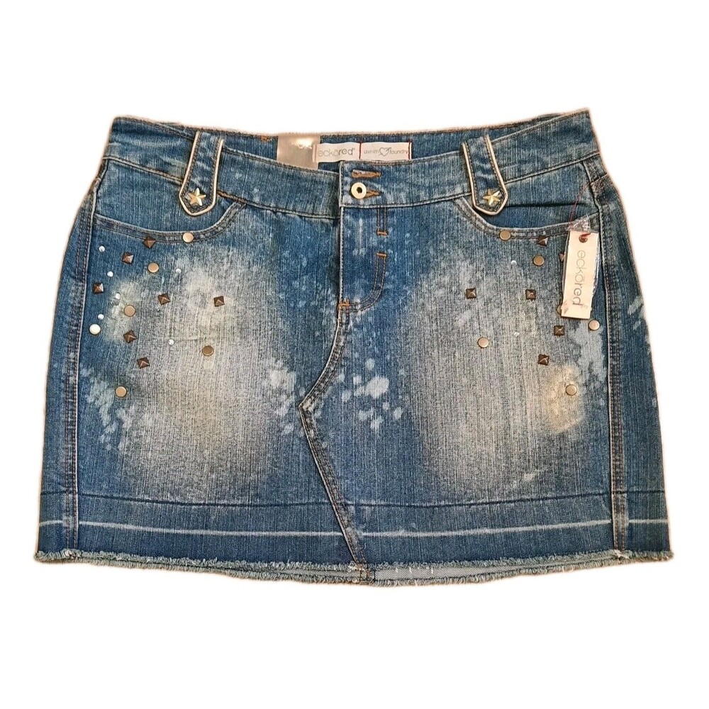 NEW Vtg Y2k Ecko Red Denim Jean Low Rise Mini Skirt Rivet Distress Frayed Hem 11